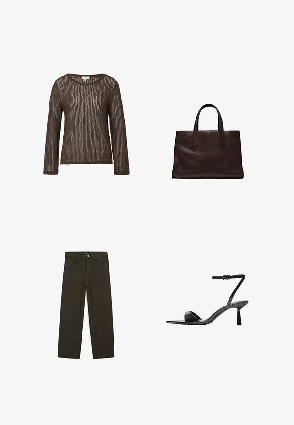 Bruine, lange mouw top van een geribbelde, textuur gebreide stof, met een bootnek en een ontspannen pasvorm.; Donkergroene wijde jeans van een katoenmix, met een sluiting met een voorste knop, vijf zakken en klassieke denimstiksels.; Bershka Sandalen met hoge hak - black; Bruine leren tote bag met twee verlengde handvatten, gestructureerde rechthoekige vorm, gladde textuur en subtiele stiksels.