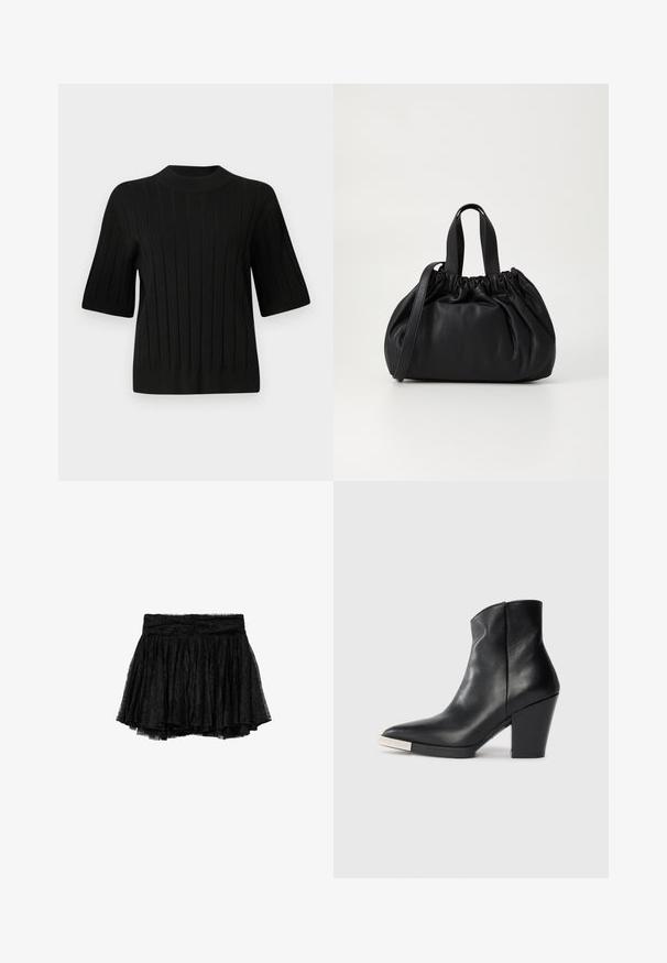 Mustaripaita lyhyillä hihoilla, jossa on viilupinta ja korkea kaula-aukko, vertikaalisilla viivoilla ja istuvalla siluetilla.; Musta pitsihame, jossa on laskosmainen muotoilu, istuva vyötärönauha ja kerroksellinen tulle-alushame lisätilavuuden ja tekstuurin takaamiseksi.; Mustat nahka nilkkurit, joissa on terävä varvas, korkea lohkarekorko ja hopeinen kärkitietue. Sujuva pinta ja yksinkertainen muotoilu.; Musta nahkabag, jossa on kerätty yläosa. Varustettu kahdella lyhyellä kantokahvalla ja pitkällä säädettävällä hihnalla. Sileä pinta, pyöreä muoto.