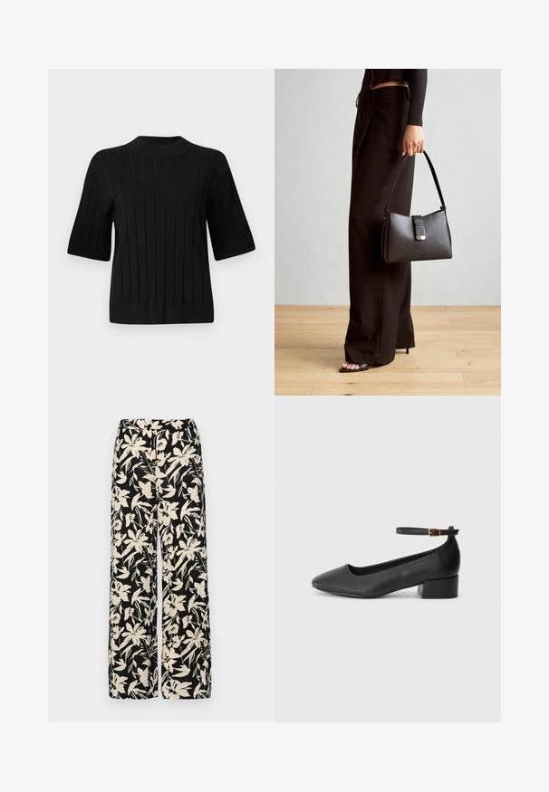 Černý svetr s krátkým rukávem, ribbovanou texturou a vysokým límcem, s vertikálními pruhy a přiléhavým střihem.; Černé krátké tričko vyrobené z hladkého materiálu, s peplum designem a opaskem v pase, ozdobené dvěma kulatými, stříbrnými knoflíky.; Černé kalhoty s širokými nohavicemi a krémovým květinovým vzorem. Vyrobené z lehké tkaniny, s hladkým povrchem a vysokým pasem.; Černé kožené lodičky s špičatou špičkou a nízkým blokovým podpatkem. Obsahují pásek kolem kotníku se zlatou sponou. Hladký povrch.; Černá kabelka se strukturovaným tvarem, hladkým povrchem a kovovým uzávěrem. Kombinována s širokými černými kalhotami a sandály s otevřenou špičkou na dřevěné podlaze.