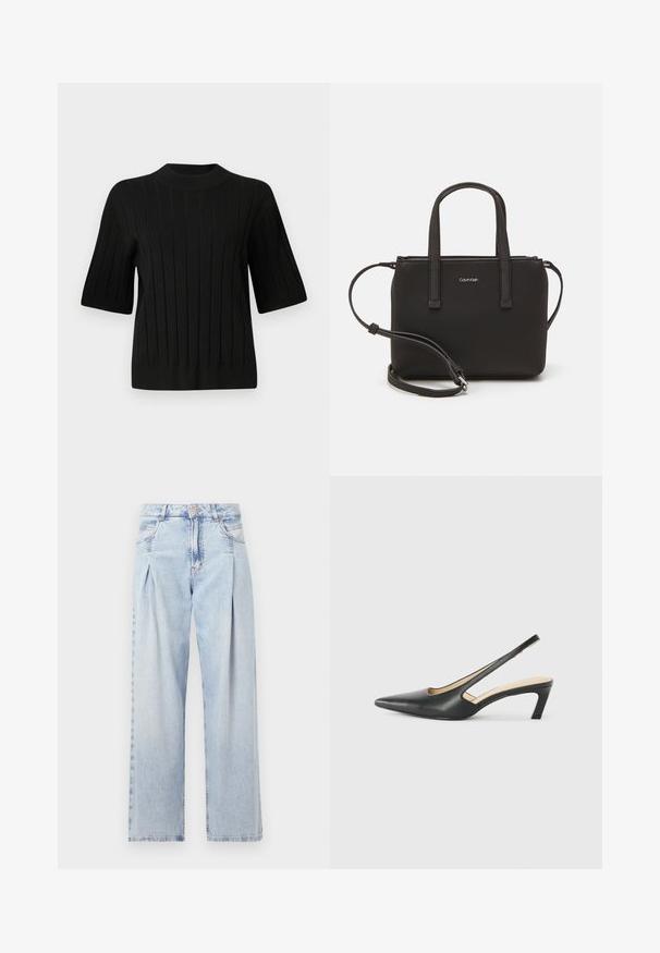 Čierny krátky rukáv sveter s rebrovanou textúrou a vysokým výstrihom, s vertikálnymi prúžkami a priliehavým strihom.; Svetlomodré džínsy s vysokým pásom, širším strihom po celej dĺžke, dvoma bočnými vreckami a skladaným dizajnom. Mäkka textúra s vyblednutým vzhľadom.; Čierne slingback topánky s ostrou špičkou a nízkym opätkom, vyrobené z hladkej kože a s výrezmi na boku pre lepšiu priedušnosť.; Čierna kabelka s dvojitými krátkymi rúčkami a odnímateľným ramenným popruhom. Hladký materiál podobný koži s uzatváraním na zips a detailom loga.