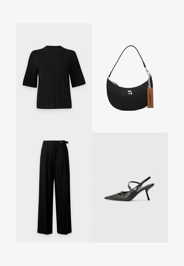 Sort kortærmet sweater med ribbet tekstur og høj halsudskæring, prydet med lodrette linjer og en tætsiddende silhuet.; Sort vide-bein bukser med høj talje, læg foran og et bælte med spænde. Fremstillet af glat, let materiale.; Sorte læder slingback hæle med spids tå, slank hæl og dekorativ spænde detalje på vampen. Glat tekstur og strømlinet design.; Sorte læderhåndtaske med en pebret tekstur, buet form, top lynlåslukning, sølvfarvet hardware og et brunt mærke. Har logoaccent.