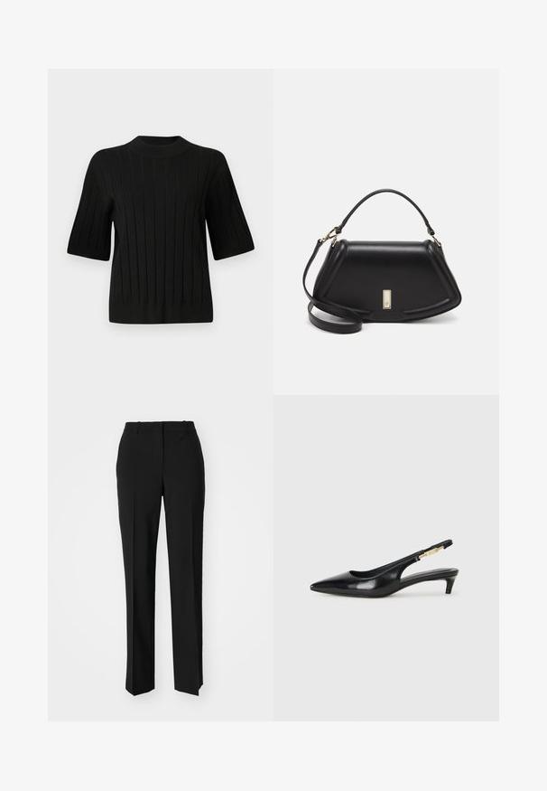 Fekete, rövid ujjú pulóver bordás textúrával és magas nyakkivágással, függőleges vonalakkal és testhezálló siluettel.; Fekete, testhezálló nadrág egyenes szárú kivitelben, sima textúrával és éles redőkkel az elején. Nincs látható fémalkatrész.; Fekete bőr slingback magassarkúk, hegyes orral, vékony sarkakkal és arany színű részlettel a állítható pánton. Simа felület.; Fekete bőr kézitáska, strukturált dizájnnal, rövidített formával, felső fogantyúval és arany színű kiegészítőkkel. Állítható vállpánt is tartozik hozzá.