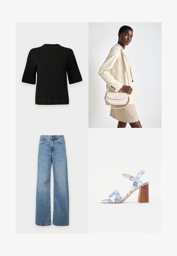 Black short-sleeve sweater with ribbed texture and a high neckline, featuring vertical lines and a fitted silhouette.; Light blue wide-leg jeans made of denim, featuring a high waist, front pockets, and a classic five-pocket design, with subtle fading.; Blue floral-printed sandal with a square toe, a wide strap, and an adjustable ankle strap, featuring a textured wooden block heel.; COACH EMMY SADDLE BAG 23 - Handbag - chalk
