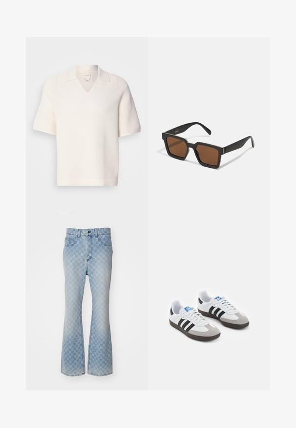 Kortermet polo med V-hals i teksturert hvitt stoff. Har en krage og et subtilt rillestrukturmønster som gir et strukturert utseende.; Lyseblå denimbellbukser med et mønster av logoer over hele, fem lommer, knappelukking og en lett falmet finish.; Sportssko med en hvit skinnoverdel, grå semsket tå og tre svarte striper. Har en blå logo på tungen og en teksturert gummisåle.; Svarte firkantede solbriller med brune linser, med matt overflate og gulldetaljer på rammen. Designet er vinklet med brede stenger.