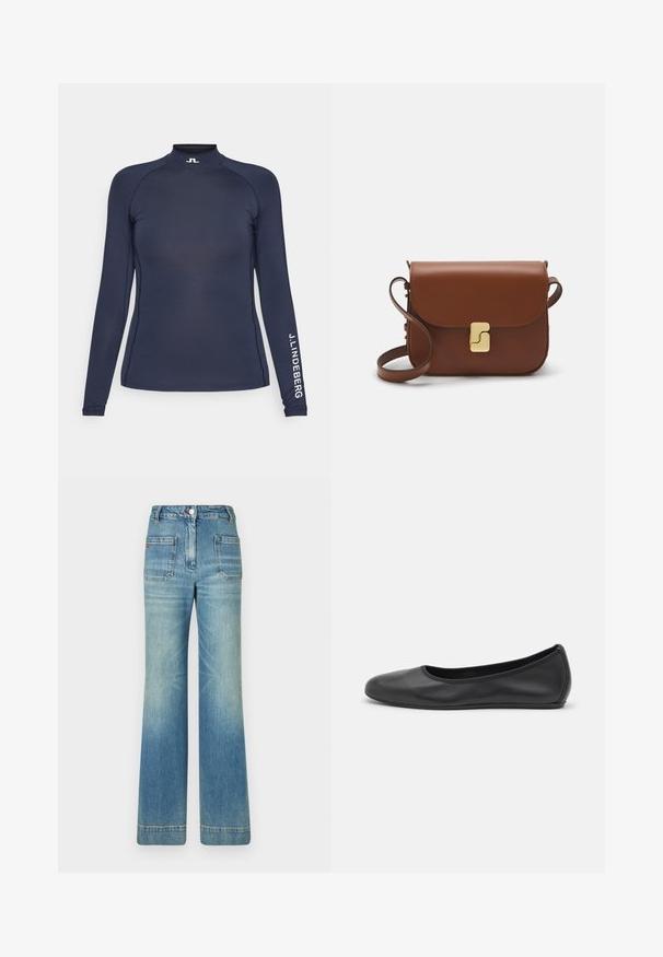 Mornarski majica dugih rukava za sport s visokim ovratnikom, krojem koji prati liniju tijela i bijelim logotipom na rukavu. Izrađena od glatkog, rastezljivog materijala.; Svijetloplave traperice s flare krojem, pet džepova, petljama za pojas, zatvaranjem na gumb i blago izblijedjelom teksturom, s detaljem crvenog loga na stražnjoj strani.; Crne kožne baletanke s zaobljenim vrhom, glatke teksture, minimalnim detaljima šavova i fleksibilnim dizajnom potplata.; Smeđa kožna torba s preklopom, zlatnim detaljima, remenom za nošenje preko ramena i glatkom teksturom. Kompaktni pravokutni oblik.