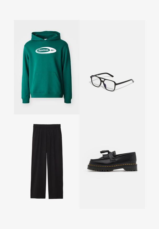 Grön bomullshuvtröja med känguruficka, ribbade ärmslut och en vit Reebok-logotyp på bröstet. Mjuk textur och normal passform.; Svarta vida byxor med veckad front, sidofickor och en mjuk textur. Designade för en avslappnad passform.; Svart läderloafer med en tofsdetalj, med en kraftig svart sula och gul söm längs kanten. Strukturerad yta.; Svarta rektangulära glasögon med klara linser och en subtil lila ton, med slanka bågar och en minimalistisk design.