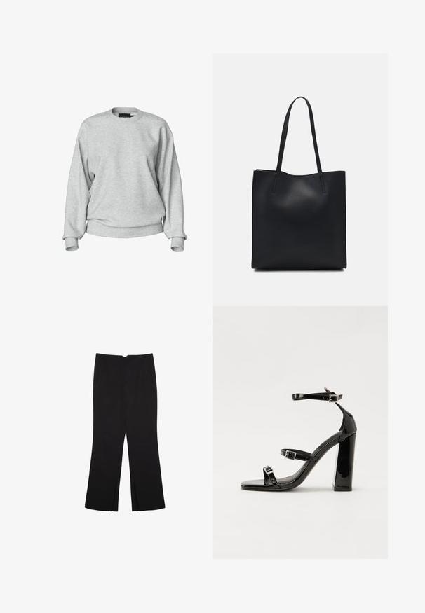 Ljusgrå sweatshirt med rund halsringning, långa ärmar, ribbade muddar och en avslappnad passform. Tillverkad av mjukt tyg med minimalistisk detaljering.; Svarta byxor med rak passform, utrustade med framfickor och sidoklyvningar vid fållen. Tillverkade av mjukt, slätt tyg. Lämpliga för olika tillfällen.; Svarta lackerade högklackade sandaler med två spännband, fyrkantig tå och en tjock klack, med en slät och glansig yta.; Svart lädertoffelväska med slät textur, rektangulär form och två långa handtag. Ingen synlig hårdvara eller dekorationer.