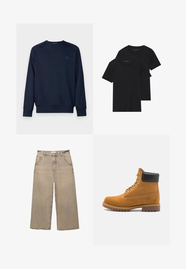 Mörkblå sweatshirt med långa ärmar, rundad halsringning, ribbade mudd och nederkant. Har en liten, tonad logotyp på vänster bröst. Mjuk textur.; Två svarta bomull t-shirts med korta ärmar, rund halsringning och en mjuk textur, visas staplade tillsammans.; PULL&BEAR MEGA BAGGY - Baggy jeans - light grey; Tan mockasins ankelstövlar med svart vadderad krage, guldmetallöglor, vit sömdekor och slitstöt gummisula med utmärkta mönster.