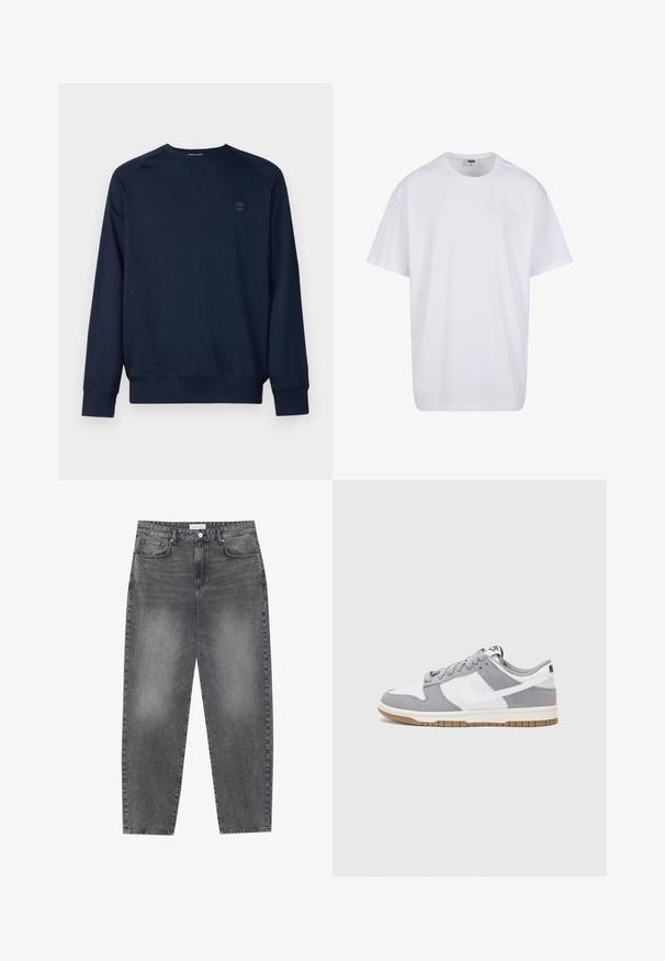 Námořnická modrá mikina s dlouhými rukávy, kulatým výstřihem, žebrovanými manžetami a lemem. Obsahuje malé, tonální logo na levé straně hrudi. Měkká textura.; Bílé triko z bavlny s krátkým rukávem, kulatým výstřihem, volným střihem a bez viditelných log či vzorů. Hladká textura a minimalistický design.; Kalhoty s vysokým pasem, volného střihu, vyrobené z vybledlého černého denimu. Mají pět kapes, poutka na opasek a čistý, rovný střih nohavic.; Šedé a bílé tenisky s svrškem z jemné kůže a kůže, kulatou špičkou, plochými tkaničkami a gumovou podrážkou s akcentem v barvě gumy.