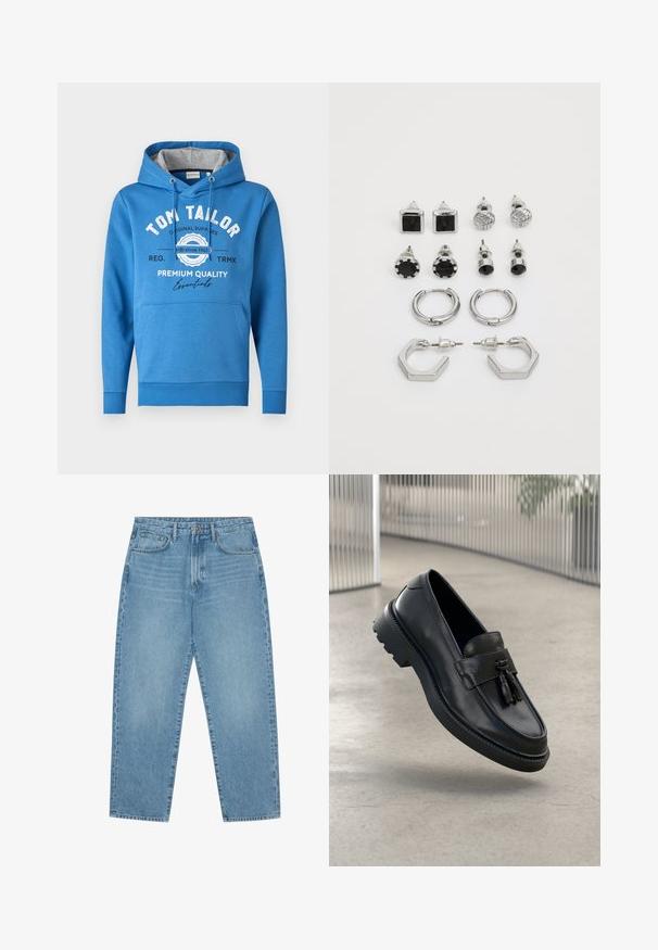 Mėlynas džemperis su kapišonu turi priekinę kišenę, reguliuojamą kapišoną ir pilką vidinį pamušalą. Spausdintas logotipas apima "TOM TAILOR" ir "PREMIUM QUALITY."; Šviesiai mėlyni džinsai iš džinsinio audinio, tiesaus kirpimo, su penkiomis kišenėmis ir šiek tiek blukinta tekstūra. Turi sagos ir užtrauktuko užsegimą.; Juodi odiniai bateliai be užsegimo su lygiu paviršiumi, dekoratyvine kutu, stora guminė pado danga ir siūtais akcentais. Lengvi ir elegantiško dizaino.; Sidabriniai auskarai, sudaryti iš dviejų porų apyrankių ir šešių porų įsukamų auskarų, kurie turi įvairias formas ir tekstūras, įskaitant juodus akcentus.