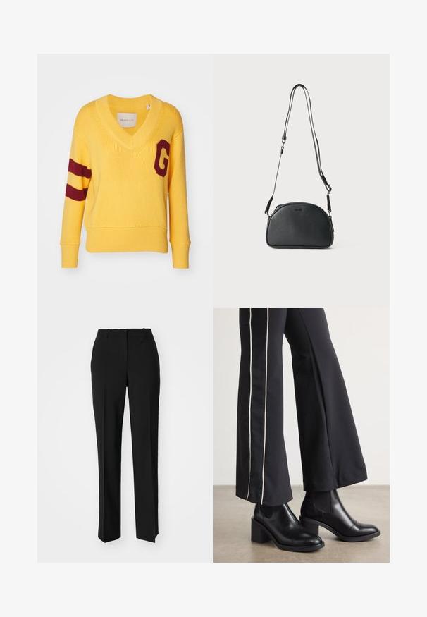 GANT VARSITY VNECK - Camisola - faded sunset; Calças pretas de corte ajustado com um design de perna reta, apresentando uma textura lisa e pregas bem definidas na frente. Sem hardware visível.; Botas de tornozelo em couro preto com um salto bloco, apresentando painéis laterais elásticos. Combinadas com calças pretas que têm uma faixa lateral branca.; Mala de ombro em couro preto com uma forma arredondada, duas alças ajustáveis e um logotipo discreto na frente. Exterior texturizado, design minimalista.
