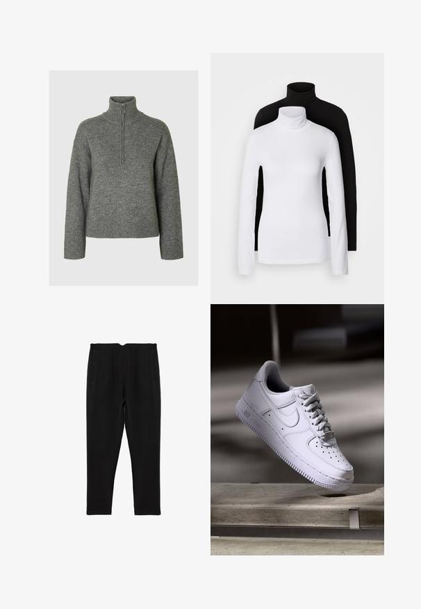 Grijze gebreide trui met een hoge kraag, voorzien van een ritssluiting en ribgebreide manchetten en onderrand. Zachte textuur en een ontspannen pasvorm.; Twee lange mouwen turtleneck tops, één wit en één zwart, gemaakt van een gladde, rekbare stof, beide met een slank passend ontwerp en hoge kraag.; Zwarte broek met een tailored ontwerp, voorzien van een platte tailleband, twee zijzakken en frontplooien, gemaakt van een gladde stof.; Nike Sportswear AIR FORCE 1 07 - Sneakers laag - white