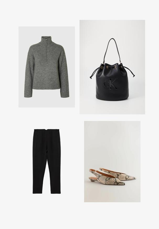 Szary dzianinowy sweter z wysokim kołnierzem, posiadający zamek błyskawiczny oraz ściągacze przy mankietach i u dołu. Miękka tekstura i luźny krój.; Czarne spodnie o dopasowanym kroju, z płaskim pasem, dwoma bocznymi kieszeniami i fałdami z przodu, wykonane z gładkiego materiału.; Next - Baleriny; Czarna skórzana torba typu bucket z zaciąganym zamknięciem, z błyszczącym logo "CK" z przodu i złotymi akcentami.