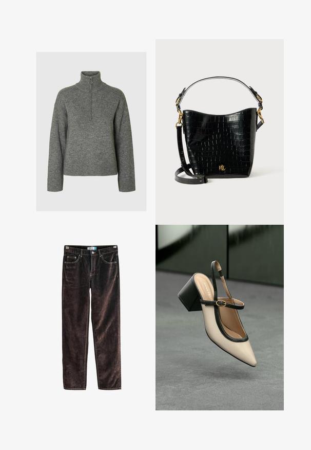 Pelēks adīts džemperis ar augstu apkakli, ar rāvējslēdzēju un ribots piedurknes un apakšmali. Mīksta tekstūra un brīva piegriezte.; Brūnie korduroja taisni bikses ar piecām kabatām, kontrastējošām šuvēm un pogu aizdari jostas vietā. Mīksta tekstūra ar rievojumu rakstu.; Beige smailā purngalā siksnu kurpe ar melnu akcentu, zelta sprādzi un masīvu bloku papēdi uz pelēka grīdas ar tumši zaļu fonu.; Melnas krokodila raksts ādas soma ar izliekta formu, zelta aparatūru, regulējamu siksnu un logotipa detaļu priekšpusē.