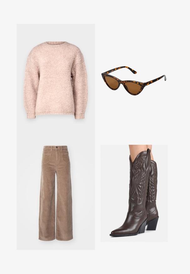 Gaiši rozā džemperis, kas izgatavots no mīkstas, teksturētas auduma. Tam ir apaļa kakla izgriezums un garas, nedaudz pūkainas piedurknes. Apakšmalai ir ribota mala.; ONLY HOPE GLOBAL HW EBBA POCKETS - Auduma bikses - fossil; Brūni ādas kovboju zābaki ar norādītu purngalu un blokveida papēdi, ar detalizētu šūšanu un paceltiem akcentiem uz kājas daļas.; Kaķa acs saulesbrilles ar melnu un oranžu bruņurupuču rakstu rāmi, brūnām lēcām un elegantiem, norādītiem galiem. Rāmī ir minimālists logos uz tempļa.