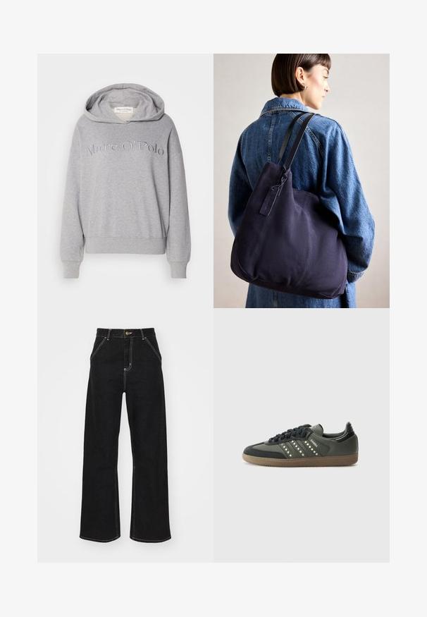 Világosszürke kapucnis pulóver bordázott ujjakra és hemre, a mellrészén hímzett "Marc O'Polo" felirattal, amely a hasonló árnyalatú.; Fekete, széles szárú farmernadrág, kontrasztos fehér varrással és elülső gombos záródással, két ferde elülső zsebbel.; adidas Originals SAMBA OG - Sportcipő - core black/legend earth/gum; Tengerészkék vászon válltáska, puha, struktúrált formával, fekete pánttal, varrott részletekkel és egy kis márkajelzéssel.