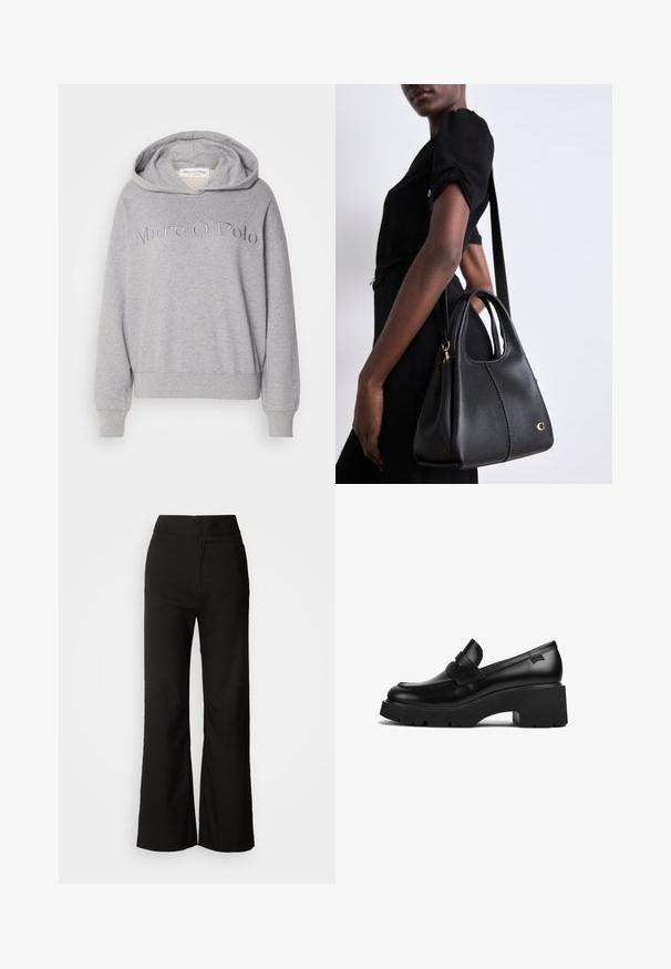 Sudadera con capucha de color gris claro, con puños y bajo de canalé, y presenta el texto bordado "Marc O'Polo" en la parte frontal en un tono a juego.; Pantalones de pierna ancha negros con una textura suave, cintura alta y un diseño limpio. Sin bolsillos visibles ni adornos.; Mocasín de cuero negro con tacón grueso y suela gruesa, con un detalle de correa en la parte superior, mostrado de lado sobre un fondo blanco.; Bolso de cuero negro con forma de hobo, que presenta una textura suave, parte superior redondeada y acentos en hardware dorado.