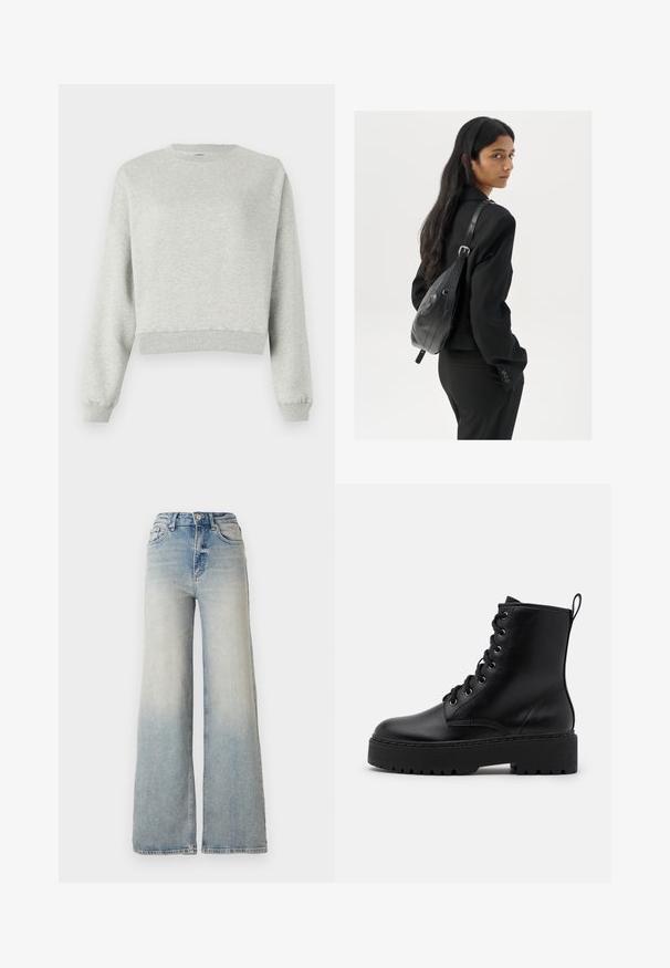 Grijze sweatshirt gemaakt van zacht, gestructureerd stof. Heeft een ronde halslijn, lange mouwen en een verkorte zoom. Eenvoudig ontwerp, geen patronen of accenten.; Lichtblauwe wijdlopende spijkerbroek van denim, met een hoge taille, vijf zakken en zichtbare stiksels langs de naden.; Zwarte leren enkelboot met een dikke, gestructureerde zool, ronde neus en metalen oogjes voor veters. Voorzien van een lus aan de achterkant.; Vrouw met lang donker haar in een zwart pak, met een zwart leren schoudertas, die over haar schouder kijkt tegen een witte achtergrond.