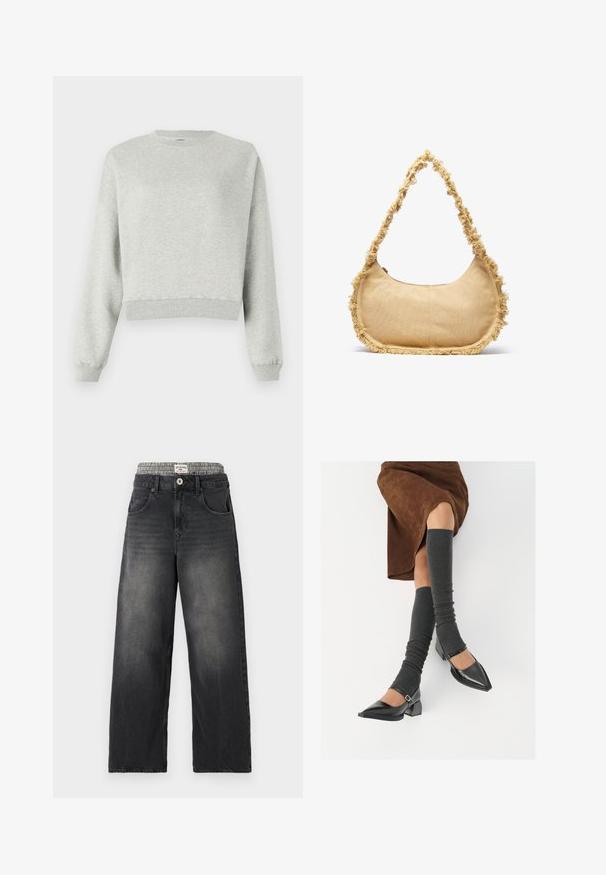 Hall tegemine pehme tekstuuriga hallidest dressidest. Omab ümmargust kaelust, pikaid varrukaid ja lühendatud allserva. Lihtne disain, ilma mustrite või aktsentideta.; Mustad denimist laiad püksid, millel on kassi-loomakaubaga vöökoht. Omadused hõlmavad eespool taskuid ja nuppleclosingut. Kulunud tekstuur.; Mustad patsaline odav värviga kingad, millel on kreen ja pahkluuring, on paaritatud hallide ribakudumitega sääremiidega ja pruunist nahast seelikuga.; Tekstuuriga beez kott, ümar kuju, narmastega ääred ja lühike rihm kaasas kandmiseks. Ülemine lukuga ava.