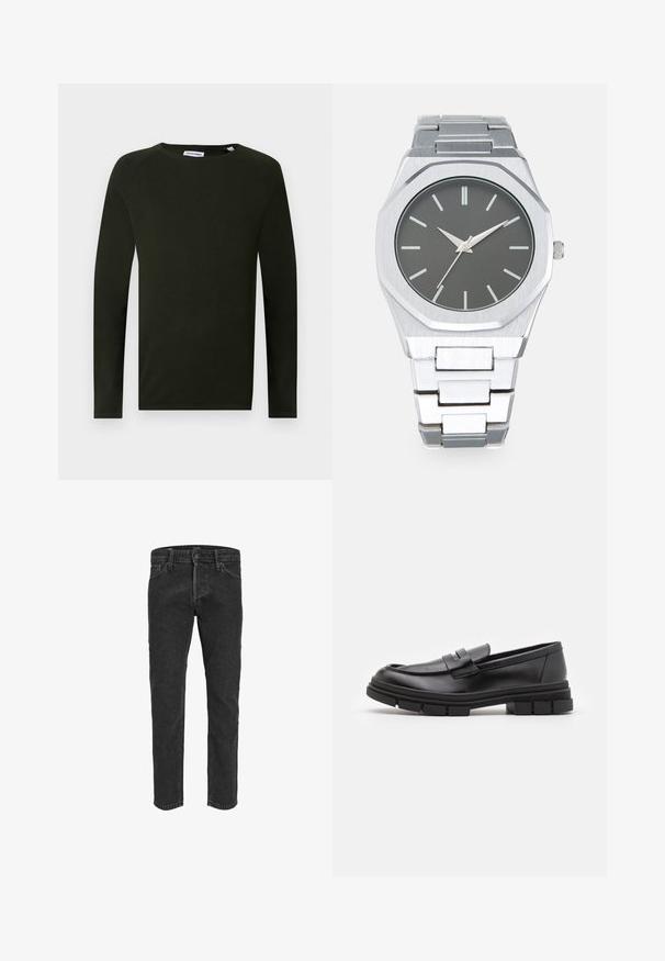 Mørkegrønn langermet genser med rund hals, med teksturert stoff og tettsittende mansjetter. Merket synlig ved halsen.; Svart denim jeans med rett ben-design, fem lommer og beltehemper, med en lett falmet tekstur og kontraststing.; Sorte skinnloafers med en glatt overflate, med et frontreim-detalj og en kraftig gummisåle med rillete detaljer.; Sølv analog klokke med oktagonal klokkesak, grå skive, sølvfargede timemarkører og lenkebånd i rustfritt stål. Minimalistisk design med glatt tekstur.