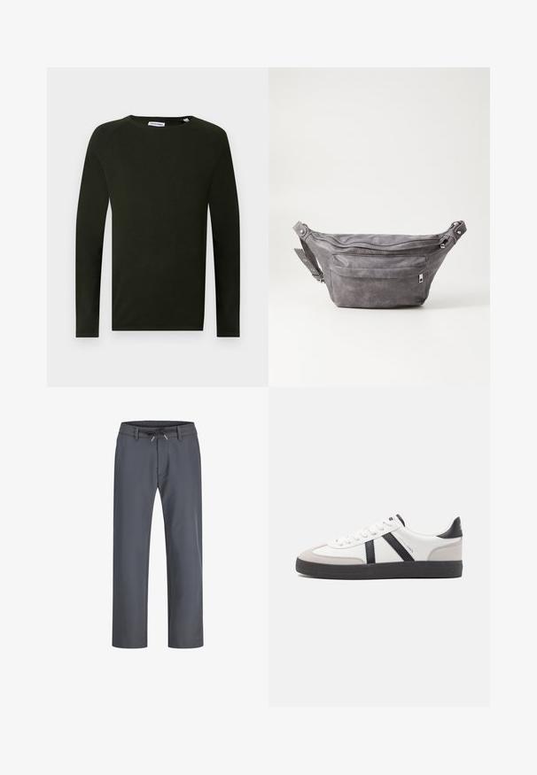 Sötétzöld, hosszúujjú kötött póló, kerek nyakkivágással, textúrált anyaggal és testhezálló mandzsettával. A címke látható a nyaknál.; Szürke, elasztikus derékpánttal ellátott nadrág, amely húzózsinórral készült. Egyenes szárú kialakítás, sima anyagból, minimális varrásokkal és látható hardver nélkül.; Fehér sneaker fekete és szürke részletekkel, textúrált szürke orr résszel, fekete gumitalppal és lapos fehér fűzőkkel. Tiszta dizájn, minimalista stílus.; Szürke velúr övtáska kerek formával, két cipzáras rekesszel és állítható pánttal. Fém dekorációval rendelkezik.