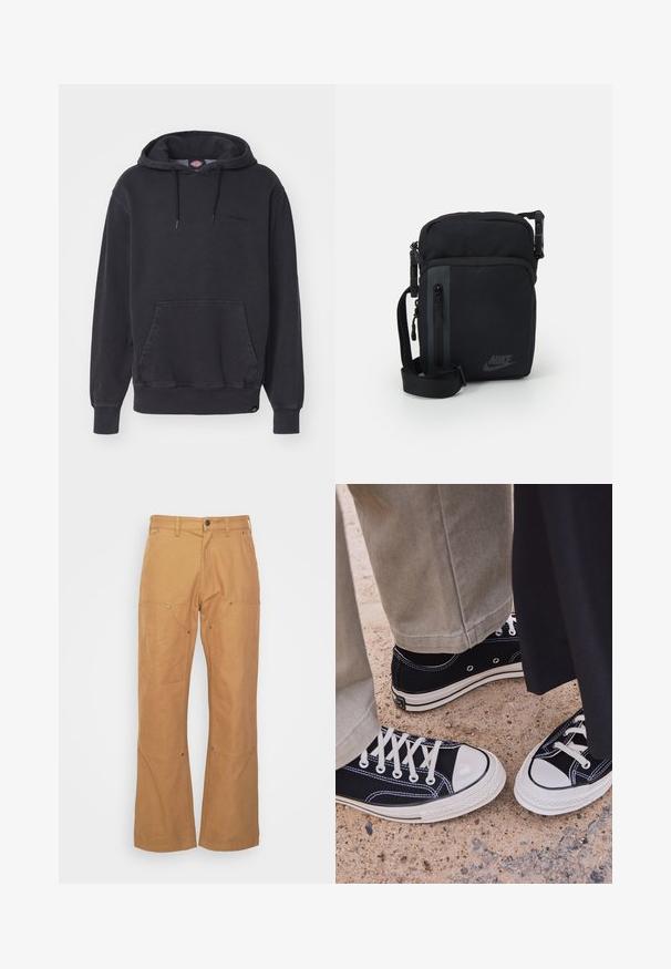 Mustrikapuutu, mis on valmistatud puuvilla ja sünteetilise kiu segust, esipoolse taskuga ja soonikute mansettide ning alläärega. Rinnal on peen logo.; Küpsised tan värvi cargo püksid, mis on valmistatud vastupidavast kangast. Neil on küljetaskud, metallist detailid, sirge lõige ja tavaline vöökoht.; Mustad musta kanvaasi sneakers, valgete kummist varbakatete ja paeltega. Kontrastne tikand ja metallist silmad lisavad detaile. Kantakse beežide pükstega ja musta kangaga.; Mustast nailonist valmistatud õlakott, millel on tõmblukkudega sektsioonid, reguleeritav rihm ja diskreetne logo esipanelil. Sile tekstuur ja ristkülikuline kuju.