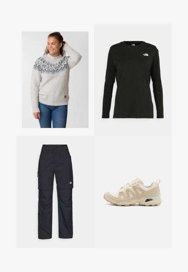 Lichtgrijze gebreide trui met een patroon op de schouders in donkergrijs. Geribde manchetten en zoom, met een klein leren merkteken aan de zijkant.; Zwart langsluiting T-shirt van katoen met een ronde hals. Heeft een klein wit logo op de linkerkant van de borst. Eenvoudig ontwerp en pasvorm.; Zwarte nylon cargo broek met afneembare pijpen, verstelbare manchetten, meerdere zakken en een logo op het rechterbeen. Gladde, lichte textuur.; Beige en crème sportschoen met een textuur-mesh bovenwerk, ondersteunende overlays en een rubberen zool met een profielpatroon voor grip.