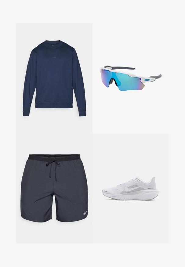 Tumesinine puuvillaseguse sweatshirt, millel on ümar kaelus, pikad varrukad ja peen bränding rinnal, ribikattega varrukaotstest ja allservast.; Valge ilma varrukateta Nike jooksmise topp ümmarguse kaelusega, siledast materjalist, ning must Nike logo vasakul rinnal.; Nike jooksulühikesed tumedashallid, elastse vöökoha ja paelaga, ning hõbedane logoaktsent paremas allnurgas.; Valge sportlik king, millel on võrgust pealne osa, sujuva tekstuuriga kattekiht, hallid aktsendid, sidemed ja pehmendatud tald, mis on mõeldud sooritusvõime jaoks.; Valged raamidega päikeseprillid, hallide aktsentidega ja siniste peegelprillidega. Sportlik disain, ümber keha kujundus ja reguleeritavad ninasillad.