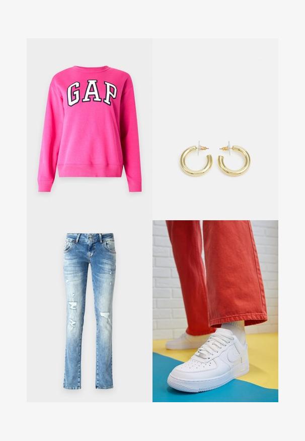 GAP HERITAGE CREW - Camisola - super pink neon; Jeans de denim azul claro com um corte relaxado, apresentando detalhes desgastados, fecho com botões de dois botões e pernas direitas.; Sapatilha de couro branca com biqueira perfurada, sola texturizada e atacadores brancos, combinada com calças largas vermelhas e um fundo azul e amarelo.; Brincos em argola dourados com um acabamento liso e brilhante. Design circular com um pequeno pino e suporte transparente para um uso seguro.