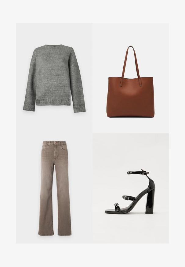 Γκρι πλεκτό πουλόβερ με στρογγυλή λαιμόκοψη, χαμηλούς ώμους και ριμπ μανσέτες και στρίφωμα. Λείος υφασματικός σχεδιασμός με ομοιόμορφο χρώμα και ελάχιστες λεπτομέρειες.; Καφέ ψηλόμεσα παντελόνια τζην με ίσια γραμμή, κουμπί μπροστά, θηλιές ζώνης και κλασικό σχέδιο πέντε τσεπών σε λευκό φόντο.; Μαύρες πατέντες σανδάλια με τακούνι, τετράγωνη μύτη, ιμάντες αστραγάλου και ασημένιες πόρπες. Διαθέτουν χοντρό μπλοκ τακούνι για σταθερότητα.; Καφέ δερμάτινη τσάντα tote με λεία υφή, ανοιχτό σχέδιο και δύο λουριά ώμου. Διαθέτει ελάχιστη ραφή και χωρίς ορατά μεταλλικά εξαρτήματα.