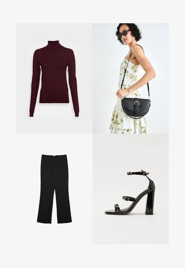 Vero Moda Tall VMHAPPINESS ROLLNECK - Strickpullover - winetasting; Schwarze Hose mit geradem Schnitt, ausgestattet mit Fronttaschen und Seitenschlitzen am Saum. Hergestellt aus weichem, glattem Stoff. Geeignet für verschiedene Anlässe.; Schwarze patentierte Sandalen mit Absatz, quadratischer Spitze, Knöchelriemen und silbernen Schnallen. Mit einem stabilen Blockabsatz für mehr Stabilität.; Schwarze Lederhandtasche mit geschwungener Form, abnehmbarem Tragegurt und goldenen Beschlägen. Die Tasche verfügt über einen Deckel mit einer Schnallen-Details.