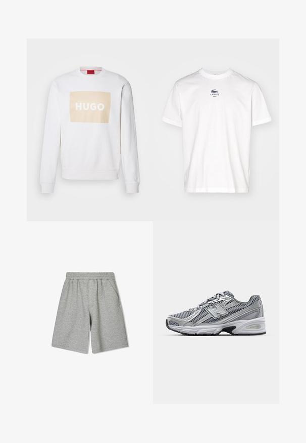 Fehér pulóver pasztell bézs téglalap alakú logóval, amelyen fehér betűkkel az "HUGO" felirat található. Kerek nyakkivágással és bordázott mandzsettákkal rendelkezik. Puha, texturált anyagból készült.; Fehér pamut póló rövid ujjal, kis kék Lacoste logóval és "PARIS" felirattal a mellkasán. Klasszikus kerek nyakú fazon.; Szürke pamut rövidnadrág rugalmas derékkal, oldalsó zsebekkel és laza szabással. Simább textúra és térd hosszig érő kivitel.; Szürke sportcipő, hálós felsőrésszel, ezüst kiegészítőkkel, párnázott bokarésszel és fehér középtalppal, fekete talppal.