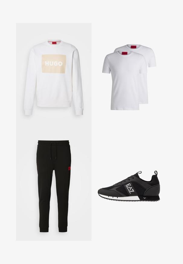 Weißer Sweatshirt mit einem pastellbeigen rechteckigen Logo, auf dem "HUGO" in Weiß steht. Hat einen Rundhalsausschnitt und gerippte Bündchen. Weicher, strukturierten Stoff.; Zwei schlichte weiße T-Shirts mit Rundhalsausschnitt, Kurzarm, aus Baumwolle, mit einem roten HUGO-Label am Ausschnitt. Keine Muster oder Grafiken.; Schwarze Sweatpants aus weichem Stoff, mit einem Kordelzugbund, schmaler Passform und einem rotenLOGO-Patch am linken Oberschenkel.; EA7 Emporio Armani Sneaker low - black/white
