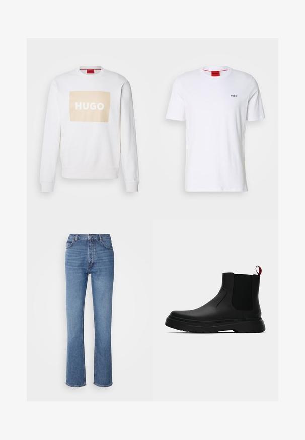 Felpa bianca con un logo rettangolare beige pastello che dice "HUGO" in bianco. Presenta un collo a giro e polsini a costine. Tessuto morbido e strutturato.; T-shirt bianco in cotone con maniche corte, scollatura rotonda e piccolo logo nero "HUGO" sul lato sinistro del petto. Presenta un'etichetta interna rossa.; Jeans in denim blu con vita alta, design a gamba dritta e leggera sbiaditura. Presentano il classico stile a cinque tasche e chiusura con zip.; Stivale alla caviglia nero con finitura liscia, pannelli laterali elastici e un tab di presa rosso a contrasto, dotato di una suola in gomma spessa e punta arrotondata.