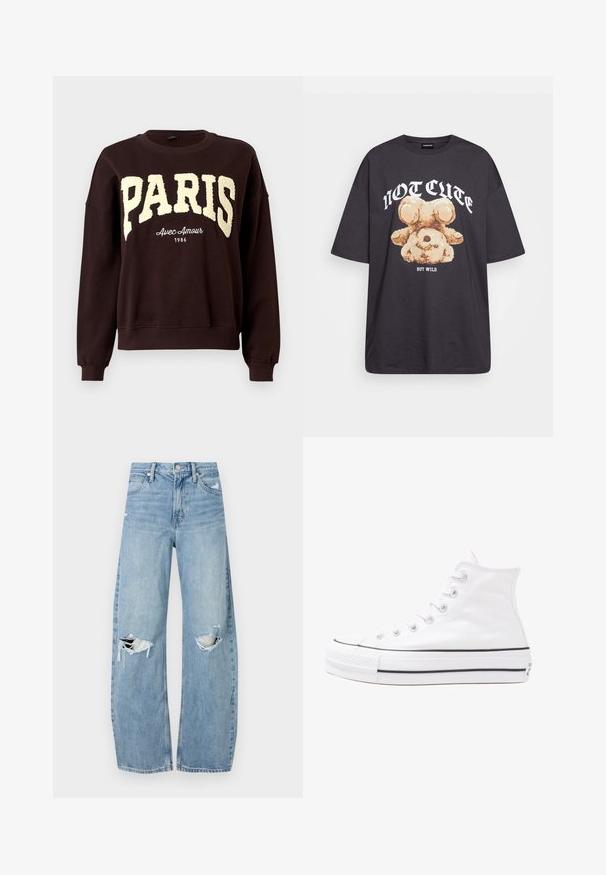 Sudadera de cuello redondo marrón oscuro con grandes letras texturizadas "PARÍS" y un texto más pequeño "Avec Amour 1986" debajo del pecho.; Camiseta negra de gran tamaño con un gráfico de un oso y el texto "NO LINDO SINO SALVAJE" en letras blancas y en negrita. Material de algodón.; Vaqueros de mezclilla de tiro alto en azul claro. Tienen piernas anchas, dos áreas desgastadas en las rodillas y un estilo clásico de cinco bolsillos.; Zapatilla de lona alta blanca con suela de goma negra, puntera de goma frontal y seis ojetes para los cordones, que presenta un diseño limpio y minimalista.