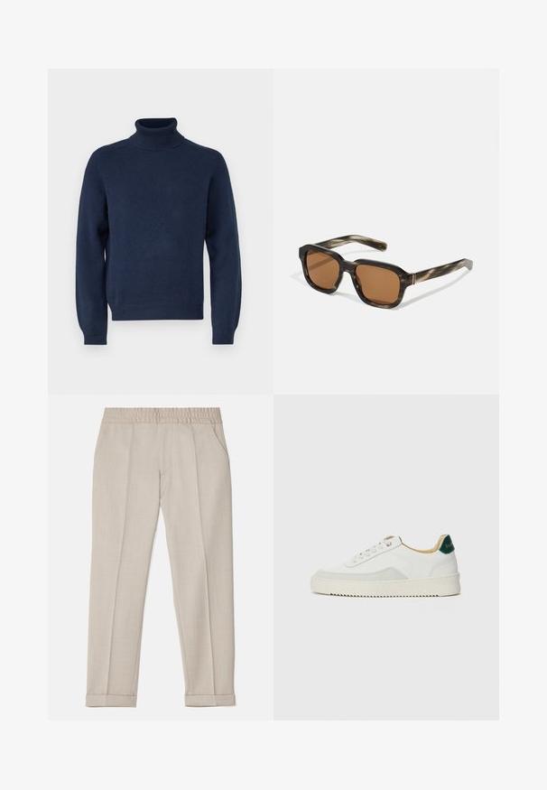 Navyblauer Rollkragenpullover aus weichem Strickstoff. Mit langen Ärmeln sowie gerippten Bündchen und Saum. Einfaches, zeitloses Design.; Filippa K TERRY CROPPED TROUSERS - Stoffhose - sage melange; Weiße Sneaker mit Wildlederelementen, runder Zehenpartie, flachen Schnürsenkeln und einer cremefarbenen Gummisohle. Mit grünen Markenlogo am Fersenbereich.; Plastiksonnenbrille mit einem Schildkrötenmuster, oktagonalen braunen Gläsern und dünnen goldenen Hardwareakzenten am Gestell.; Vivienne Westwood CITY BUMBAG UNISEX - Gürteltasche - black