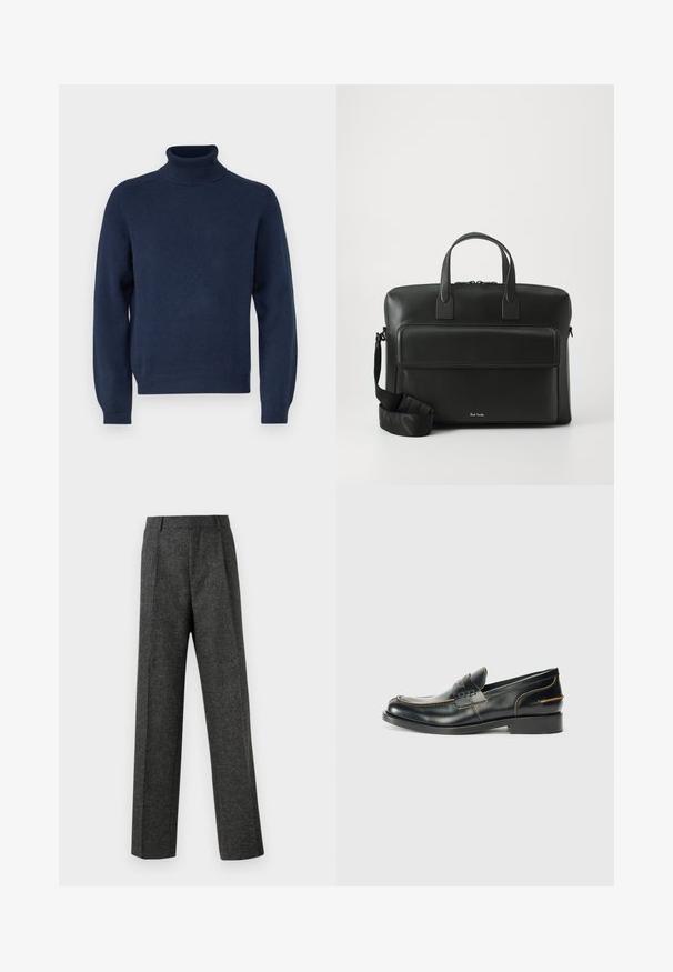 Pulover cu guler înalt de culoare albastru marin, confecționat dintr-un material tricotat moale. Dispune de mâneci lungi și de tivuri și manșete striate. Design simplu și clasic.; Pantaloni gri ajustați din țesătură texturată, prezentând două pliere frontale și un design drept. Fără buzunare vizibile sau ornamente.; Pantofi loafer din piele neagră, cu un design elegant, având cusături subtile și un toc mic, expuși pe un fundal alb simplu.; Geantă de piele neagră pentru birou, cu două mânere superioare, un buzunar frontal și o curea detașabilă, având o branding subtil în partea de jos.