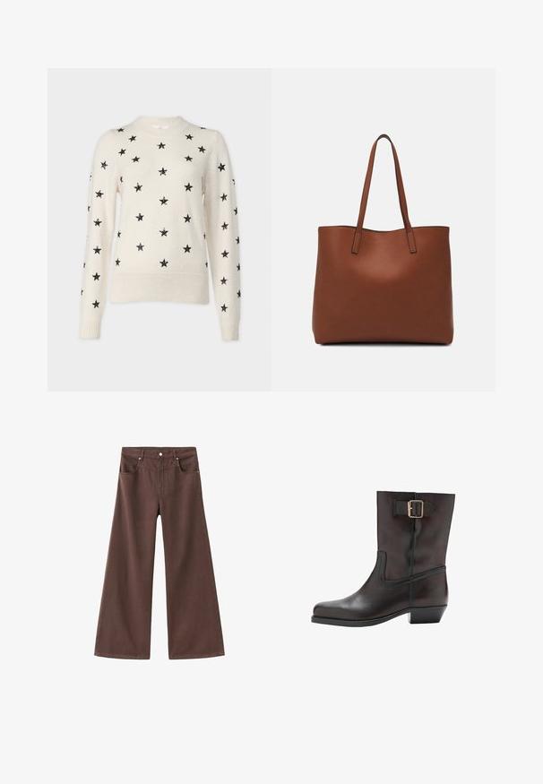 Kremna pulover s okroglim izrezom, okrašena z črnimi svetlečimi zvezdami, ki so enakomerno razporejene po sprednjem delu in rokavih. Ribičasti manšeti in rob.; Rjavi široki džins hlače iz denima. Imajo pet žepov, zadrgo in kovinske zakovice. Gladka tekstura in klasična zasnova.; Črne usnjene gležnjarje z zaobljenim nosom, nizkim blokastim peto, stransko elastično ploščo in zlatim sponko kot poudarkom na gležnjarskem trakcu.; Rjava usnjena torba z gladko teksturo, odprto zasnovo zgoraj in dvema naramnima trakovoma. Opremljena je z minimalnim šivanjem in brez vidnih kovinskih delov.