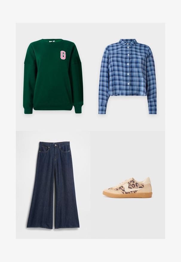 Zöld pulóver, pamut keverék, kerek nyakú, leeső vállú, bal mellen rózsaszín hímzett "G" betűvel. Klasszikus szabás.; Kék és fekete kockás, hosszú ujjú cropped ing, hegyes gallérral és fehér gombokkal elől, fehér háttér előtt.; Sötétkék, bőszárú farmernadrág. Magas derékkal, öt zsebbel és kontrasztos varrással rendelkezik. Simaszövetű, tiszta szegéllyel.; Leopárdmintás sportcipő bézs velúr felsőrésszel, világosbarna gumitalppal és fehér kiegészítőkkel. Kerek orr, fűzős kialakítás, és textúrázott felület jellemzi.