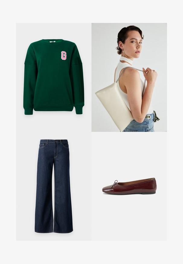 Zöld pulóver, pamut keverék, kerek nyakú, leeső vállú, bal mellen rózsaszín hímzett "G" betűvel. Klasszikus szabás.; Sötét kék farmer széles lábú nadrág. Kontrasztos varrással, öt zsebhálóval és gombos derékzárással rendelkezik. Simás textúra.; Burgundi lakkbőr balettcipő kerek orral, elöl kis masni díszítéssel és alacsony, fekete gumi talppal. Simára csiszolt felület.; Fehér, téglalap alakú, fényes anyagból készült clutch táska, ezüst láncos pánttal. A modell pózol, bemutatva a táskát egy egyszínű háttér előtt.