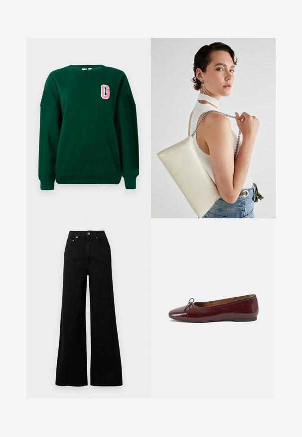 Green sweatshirt, cotton blend, crew neck, dropped shoulders, features a pink embroidered letter "G" on the left chest. Classic fit.; Black wide-leg jeans made from denim, featuring a high waist, five pockets, front button closure, and minimal stitching details.; Burgundy patent leather ballet flat with a rounded toe, small bow accent at the front, and a low, black rubber sole. Smooth texture.; White rectangular clutch bag made of glossy material, featuring a silver chain strap. Model poses, showcasing the bag against a plain background.