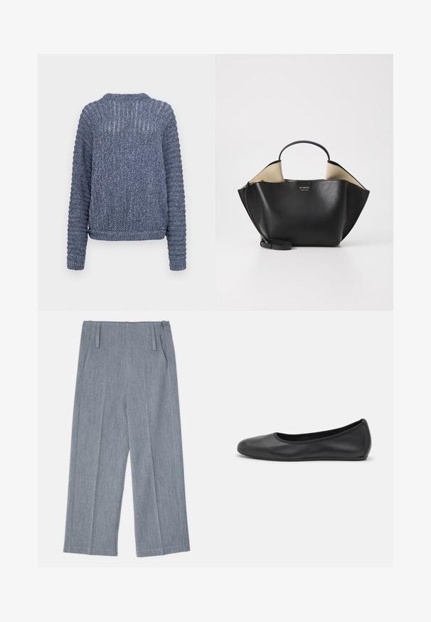Navy-blauer gestrickter Pullover mit langen Ärmeln, geribbelter Textur und gewebten Details entlang der Schultern und Ärmel. Design mit Rundhalsausschnitt.; Hellgraue, weit geschnittene Hosen aus strukturiertem Stoff, mit zwei vorderen Falten und zwei Seitentaschen. Sauberes, maßgeschneidertes Design.; Schwarze Leder-Ballettschuhe mit abgerundeter Spitze, glatter Textur, minimalen Nähdetails und einem flexiblen Sohlen-Design.; Ree Projects ANN TOTE MINI - Handtasche - black