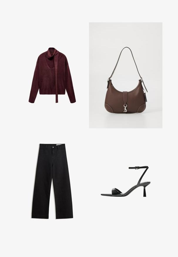 Burgunderfarbener Strickpullover mit langem, angenähtem Schal, offenem Ausschnitt und lockerer Passform. Verfügt über einen gerippten Saum und eine weiche Textur.; Schwarze weit geschnittene Jeans mit hoher Taille, ausgestattet mit Vorder- und Hintertaschen, gesteppten Nähten und einem Knopfverschluss. Glatte Textur.; Bershka High Heel Sandalette - black; Braune Lederhandtasche mit runder Form, silbernem Zubehör und dekorativer Naht. Verfügt über einen Schulterriemen und einen Verschluss mit Clip.