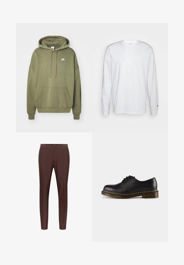 Olivegrüner Kapuzenpullover aus Baumwollmischung, mit einer Vordertasche, Bindekordel an der Kapuze und weißem Nike-Logo auf der linken Brust. Lockerer Schnitt.; Weißes Langarm-T-Shirt aus Baumwolle. Rundhals-Design mit gerippten Bündchen und kleinem Logo auf dem linken Ärmel. Glatte Textur.; Braune maßgeschneiderte Hose mit flachem Frontdesign, Gürtelschlaufen und einem einzigen Knopfverschluss. Hergestellt aus einem glatten Stoff mit geradem Bein.; Schwarzer Lederschuh mit abgerundeter Zehenpartie, Schnürdesign, gelbe Stickerei entlang der Sohle und einer kräftigen, strukturierten Gummisohle.