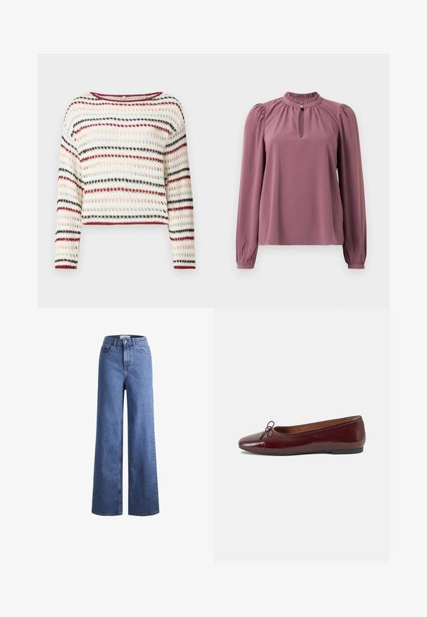 Pull en crochet à manches longues, encolure ronde ; présente des rayures alternées en crème, rouge, bleu marine et rose clair ; motif texturé.; Blouse mauve à manches longues avec col froncé, encolure à clef avec fermeture à bouton et épaules légèrement bouffantes.; Jean large en denim bleu clair avec taille haute, deux poches avant et coutures visibles. Fermeture à bouton et à zip.; Ballerines en cuir verni bordeaux avec un bout rond, un petit nœud décoratif à l'avant et une semelle en caoutchouc noire basse. Texture lisse.
