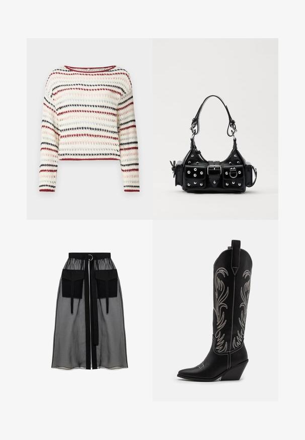 Hæklet sweater med lange ærmer, rund halsudskæring; har skiftende striber i creme, rød, navy og lyserød; tekstureret mønster.; Sort gennemsigtig nederdel med en rynket talje, der har to store forlommer, et taljebånd og en cirkulær metaldetalje.; Sorte læder cowboystøvler med spidse tæer, kilehæle og sølv broderede blomster mønstre langs skaftet. Kontrast syning overalt.; Sort læderhåndtaske med et buet design, prydet med sølvfarvede nitter, en spænde og to sidelommer. Justerbar rem til forskellige bære muligheder.