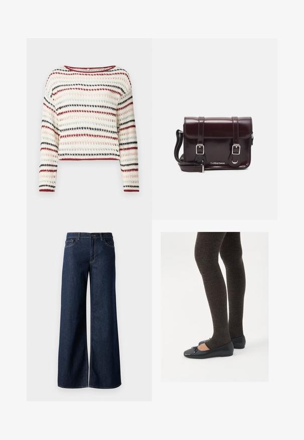 Pulover croșetat cu mâneci lungi, decolteu rotund; prezintă dungi alternative în culoarea crem, roșu, bleumarin și roz deschis; model texturat.; Jeanși cu picioare largi din denim albastru închis. Prezintă cusături contrastante, cinci buzunare și o închidere cu nasture la talie. Textură netedă.; Pantofi negri cu un detaliu mic de fundiță la vârf, asortați cu colanți maro închis, cu textură ondulată. Pantofii au o textură netedă și un profil joase.; Geantă crossbody din piele lac burgundă, cu formă rectangulară, două curele, accesorii din argint și închidere cu clapetă.