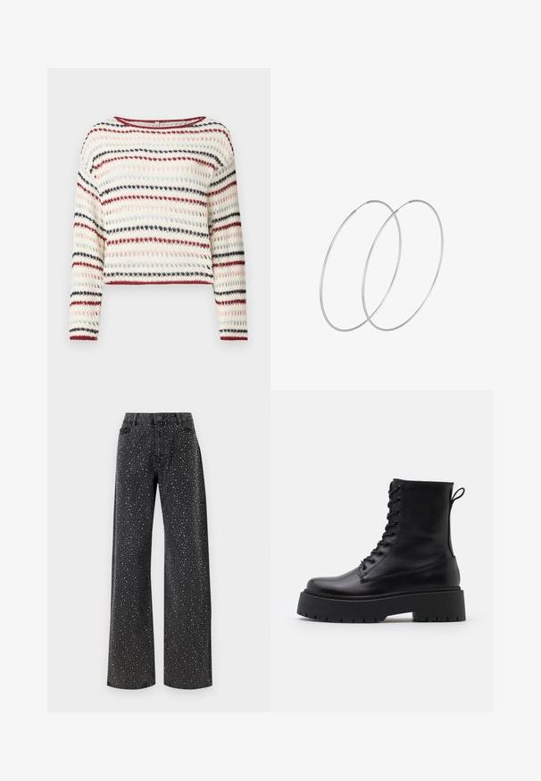 Gehaakte trui met lange mouwen, ronde halslijn; beschikt over afwisselende strepen in crème, rood, marineblauw en lichtroze; textuurpatroon.; Noisy May NMJANNEL LOOSE - Relaxed fit jeans - black denim; Zwarte leren enkelboots met een ronde neus, vetersluiting aan de voorkant en een dikke rubberen zool met een gestructureerd profiel. Trekbandje aan de achterkant.; Zilveren hoepel oorbellen met een minimalistisch ontwerp. Cirkelvormig, gladde textuur en dun profiel. Lichtgewicht met een gepolijste afwerking.