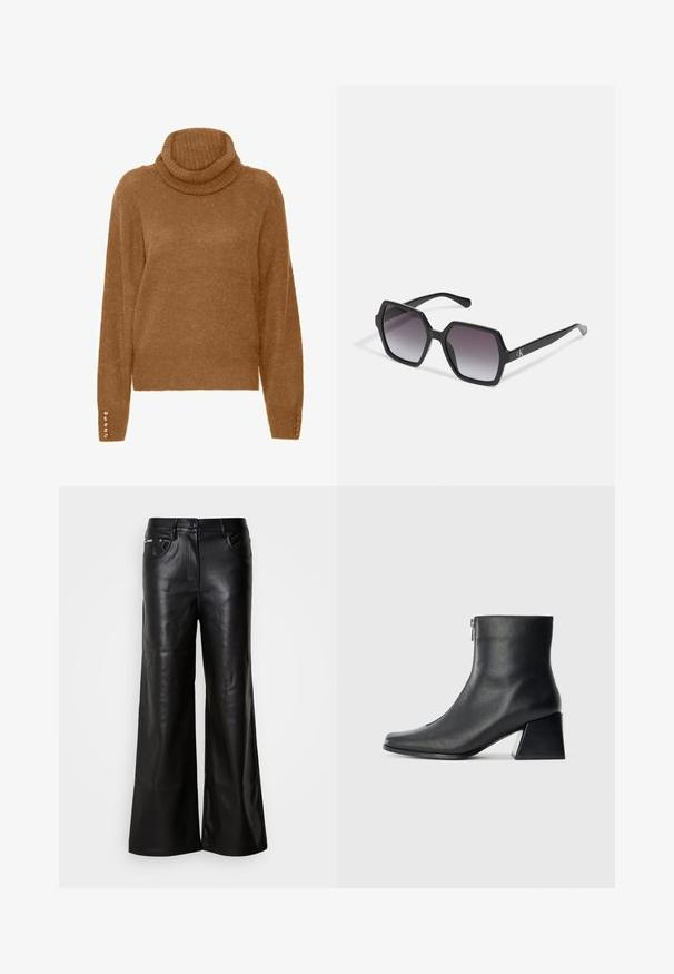 Brauner Rollkragenpullover mit einer weichen, strukturierten Oberfläche und langen Ärmeln. Verfügt über perlenartige Akzente an den Bündchen.; Schwarze Leder-Breitbein-Hosen mit einer glatten Textur, ausgestattet mit einem vorderen Knopfverschluss, zwei Seitentaschen und minimalen Nähten.; Schwarze Lederstiefelette mit quadrater Zehenform, seitlichem Reißverschluss und Blockabsatz vor einem schlichten hellen Hintergrund.; Schwarze hexagonale Sonnenbrille mit Verlaufsgläsern, glänzender Oberfläche und dezentem Branding am Bügel. Aus langlebigem Kunststoff gefertigt.