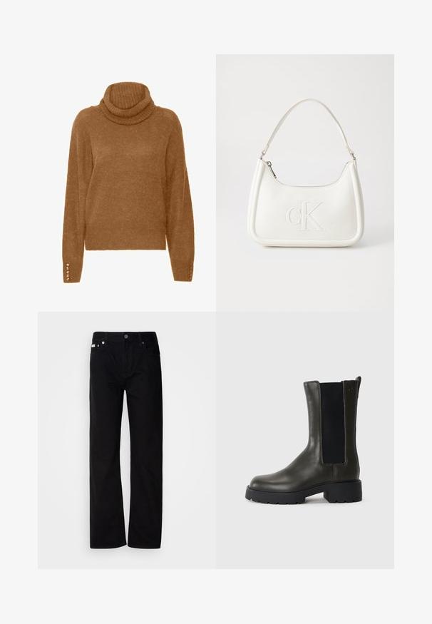 Ruda megztinis su aukštu kaklu, turintis minkštą, tekstūruotą paviršių ir ilgomis rankovėmis. Papuoštas perlų stiliaus akcentais ant rankogalių.; Juodi džinsai tiesaus kirpimo su penkiomis kišenėmis, sidabriniais kabliukais ir mygtukų užtrauktuku. Medžiaga turi lygią, šiek tiek tekstūruotą apdailą.; Žalios odinės aulinės bateliai su elastinėmis šoninėmis panelėmis, apvaliu pirštu ir guminiais padais. Yra tekstūruotas paviršius ir kvadratinis kulnas.; Balta odinė rankinė su išlenkta forma, su reljefiniu "CK" logotipu priekyje ir viena petneša. Užtrauktuko uždarymas viršuje.